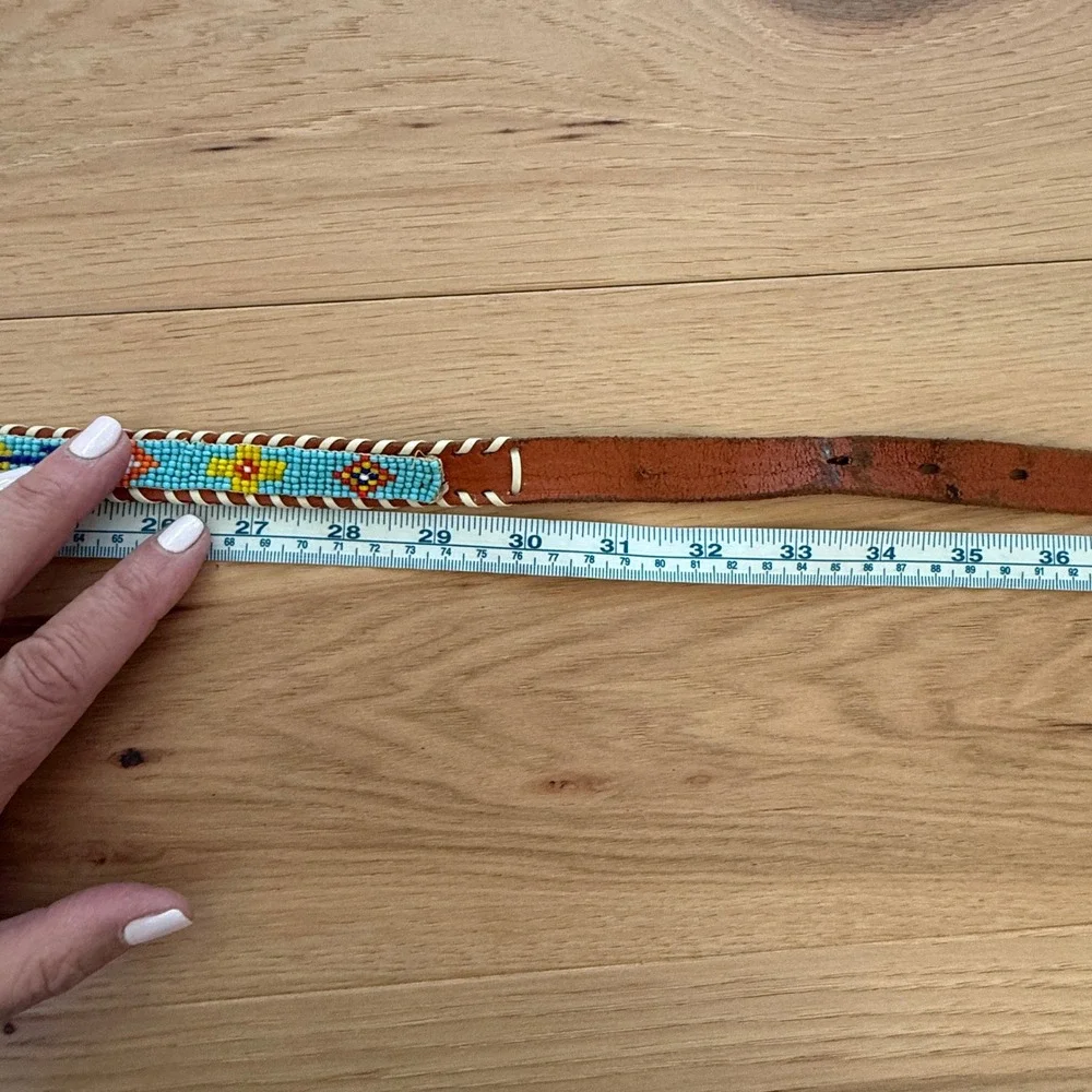 Vintage Beaded  Western Belt Women 34-36 Brown Leather Gold Buckle Festival Boho